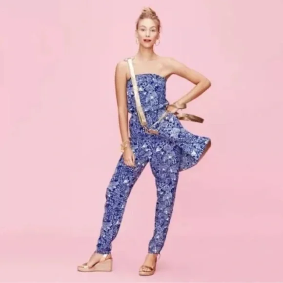 LILLY PULITZER for Target L blue white strapless blue white upstream jumpsuit - Picture 1 of 5